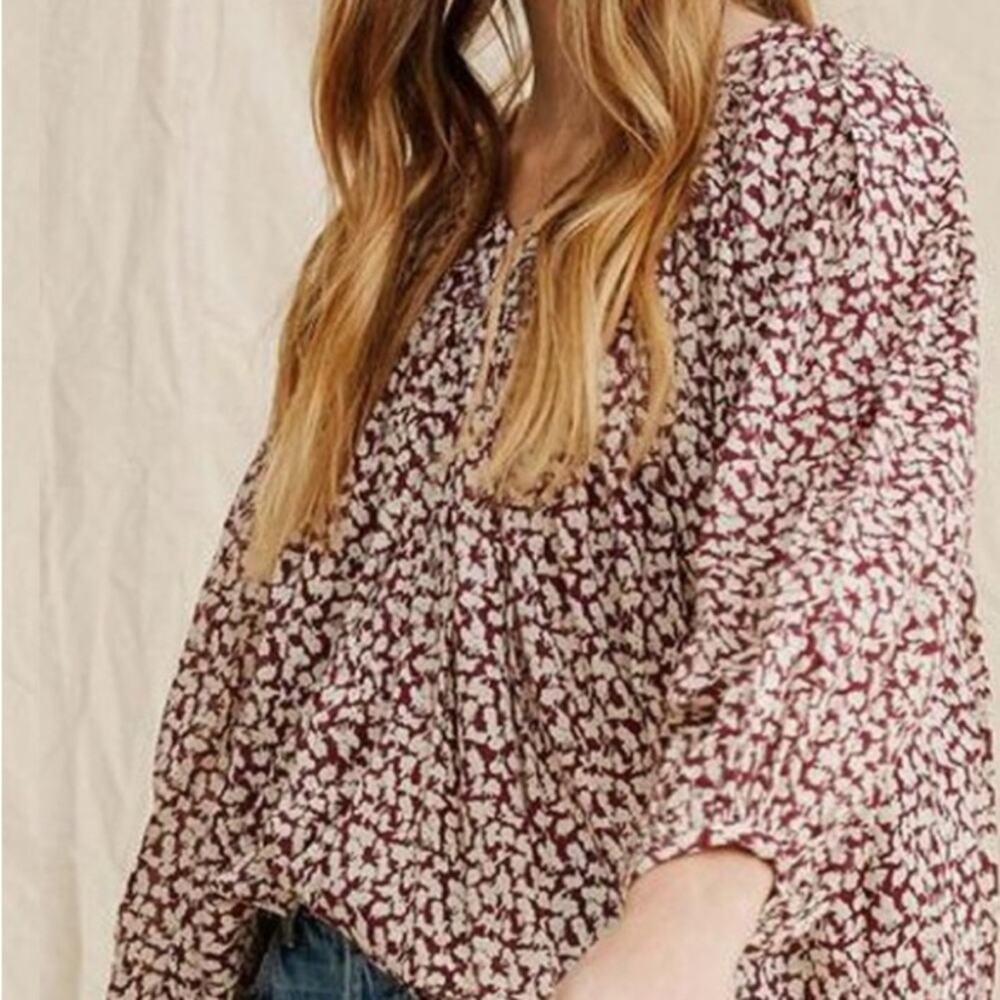 THE GREAT. Burgundy and Cream Floral Peasant Blouse